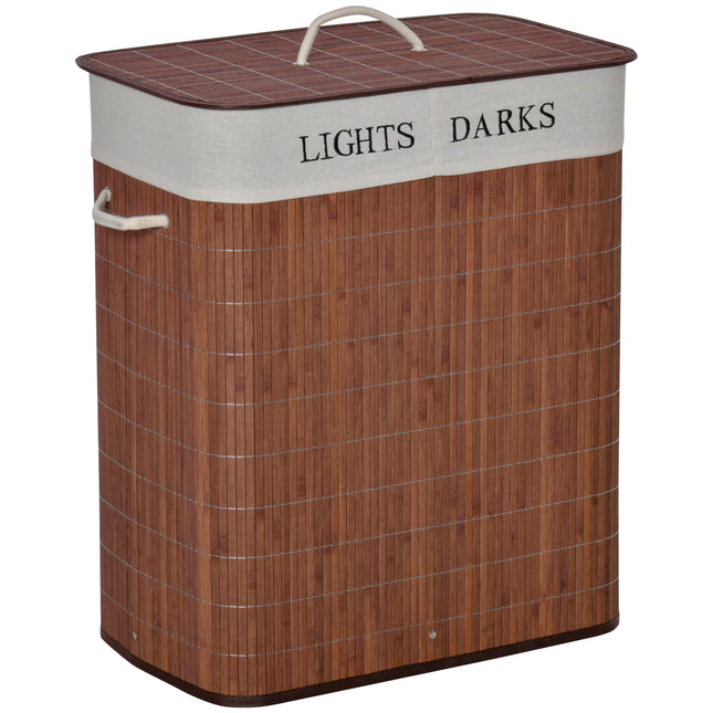 100L Collapsible Laundry Basket with Lid, 2-Section Hamper, Removable Lining, Water-Resistant - Brown