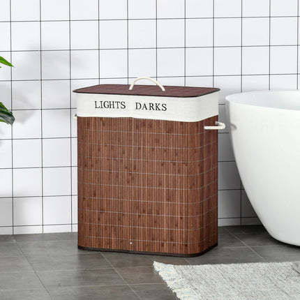 100L Collapsible Laundry Basket with Lid, 2-Section Hamper, Removable Lining, Water-Resistant - Brown