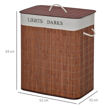 100L Collapsible Laundry Basket with Lid, 2-Section Hamper, Removable Lining, Water-Resistant - Brown