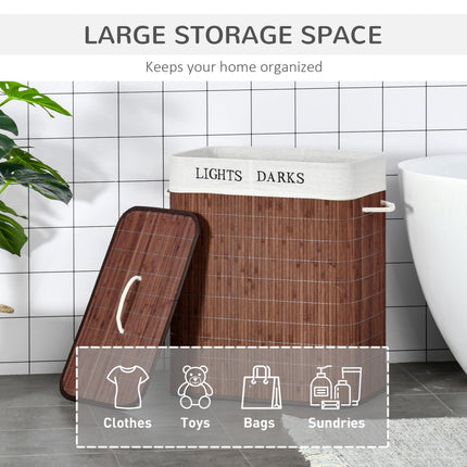 100L Collapsible Laundry Basket with Lid, 2-Section Hamper, Removable Lining, Water-Resistant - Brown