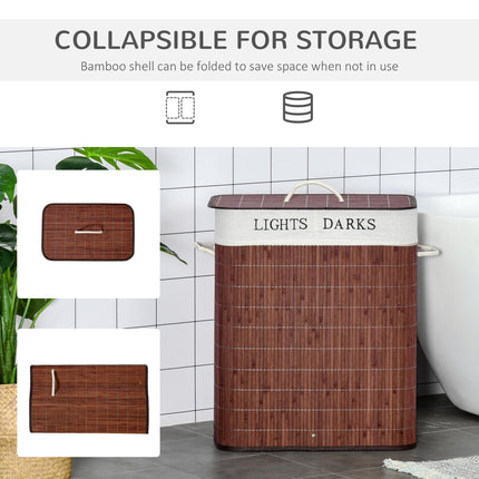 100L Collapsible Laundry Basket with Lid, 2-Section Hamper, Removable Lining, Water-Resistant - Brown