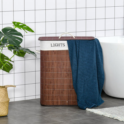 100L Collapsible Laundry Basket with Lid, 2-Section Hamper, Removable Lining, Water-Resistant - Brown
