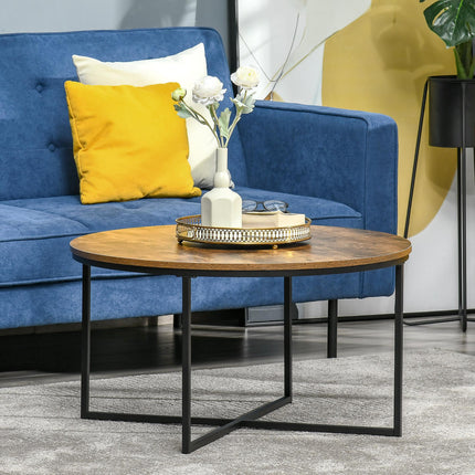 Industrial Round Coffee Table with Metal Frame Large Top for Living Room Bedroom - Rustic Brown