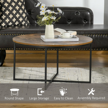 Industrial Round Coffee Table with Metal Frame Large Top for Living Room Bedroom - Rustic Brown
