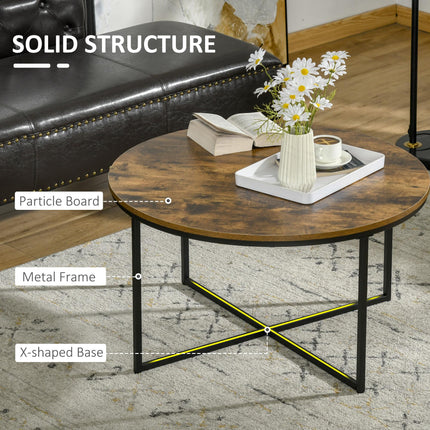 Industrial Round Coffee Table with Metal Frame Large Top for Living Room Bedroom - Rustic Brown