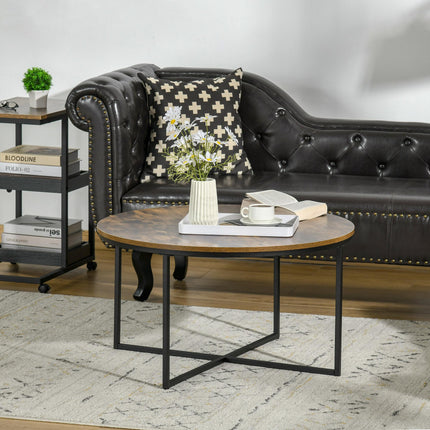 Industrial Round Coffee Table with Metal Frame Large Top for Living Room Bedroom - Rustic Brown
