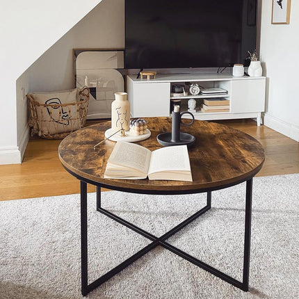 Industrial Round Coffee Table with Metal Frame Large Top for Living Room Bedroom - Rustic Brown