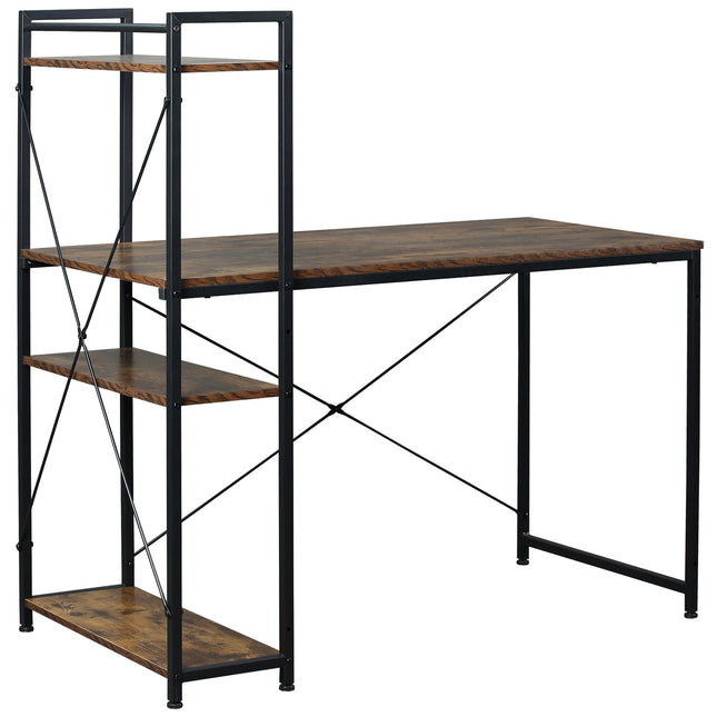 Computer Desk with 4-Tier Bookshelf Storage PC Table Workstation - Rustic Brown & Black