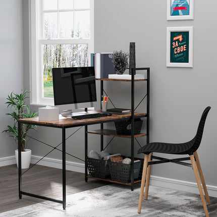 Computer Desk with 4-Tier Bookshelf Storage PC Table Workstation - Rustic Brown & Black