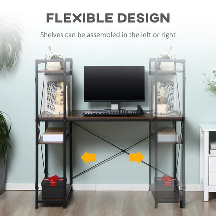 Computer Desk with 4-Tier Bookshelf Storage PC Table Workstation - Rustic Brown & Black
