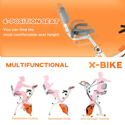 2-in-1 Foldable Magnetic Resistance Exercise Bike with Arm Bands - Orange