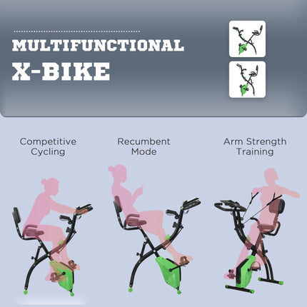 2-in-1 Folding Exercise Bike with 8-Level Magnetic Resistance, Arm Resistance Band, Pulse Sensor, Green