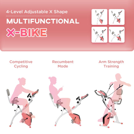 Foldable 2-in-1 Exercise Bike with Arm Resistance Bands - Pink