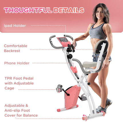 Foldable 2-in-1 Exercise Bike with Arm Resistance Bands - Pink