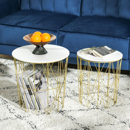 Set of 2 Nesting Round Side Tables with Storage and Removable Top - White