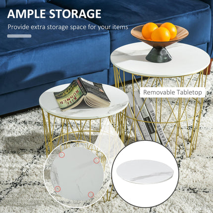 Set of 2 Nesting Round Side Tables with Storage and Removable Top - White