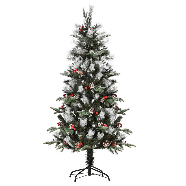 5FT Artificial Snow Dipped Christmas Pencil Tree with Red Berries & White Pinecones - Green