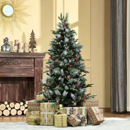 5FT Artificial Snow Dipped Christmas Pencil Tree with Red Berries & White Pinecones - Green