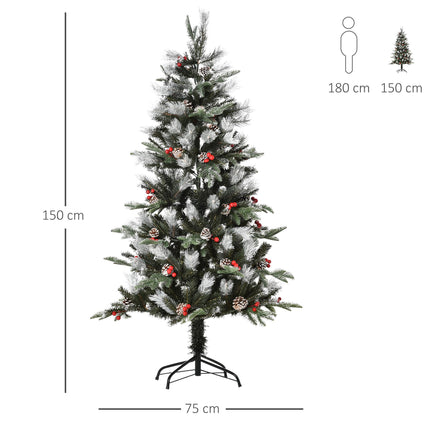 5FT Artificial Snow Dipped Christmas Pencil Tree with Red Berries & White Pinecones - Green
