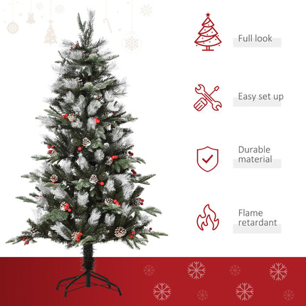 5FT Artificial Snow Dipped Christmas Pencil Tree with Red Berries & White Pinecones - Green
