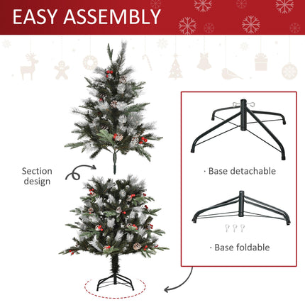 5FT Artificial Snow Dipped Christmas Pencil Tree with Red Berries & White Pinecones - Green