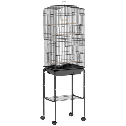 Bird Cage with Stand, Wheels, Slide-Out Tray & Storage Shelf for Budgie, Finch, Canary, Parakeet - Black 36x46.5x157 cm