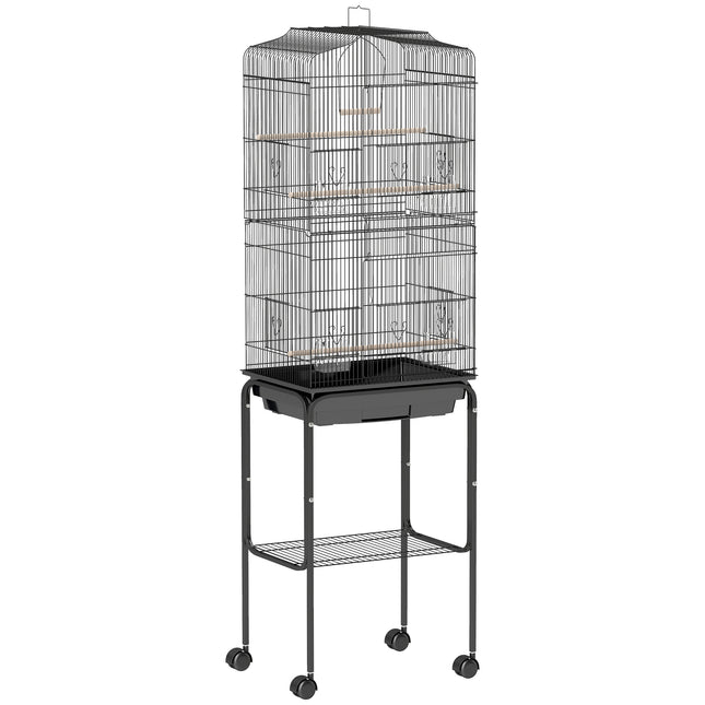 Bird Cage with Stand, Wheels, Slide-Out Tray & Storage Shelf for Budgie, Finch, Canary, Parakeet - Black 36x46.5x157 cm