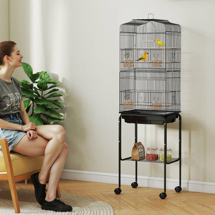 Bird Cage with Stand, Wheels, Slide-Out Tray & Storage Shelf for Budgie, Finch, Canary, Parakeet - Black 36x46.5x157 cm