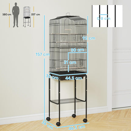 Bird Cage with Stand, Wheels, Slide-Out Tray & Storage Shelf for Budgie, Finch, Canary, Parakeet - Black 36x46.5x157 cm