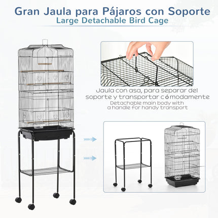 Bird Cage with Stand, Wheels, Slide-Out Tray & Storage Shelf for Budgie, Finch, Canary, Parakeet - Black 36x46.5x157 cm