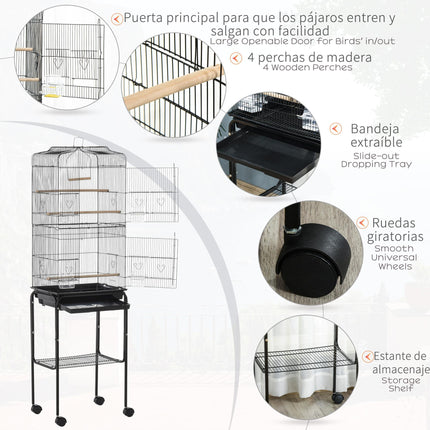 Bird Cage with Stand, Wheels, Slide-Out Tray & Storage Shelf for Budgie, Finch, Canary, Parakeet - Black 36x46.5x157 cm