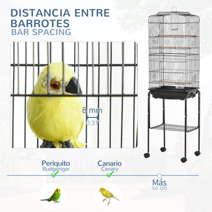 Bird Cage with Stand, Wheels, Slide-Out Tray & Storage Shelf for Budgie, Finch, Canary, Parakeet - Black 36x46.5x157 cm