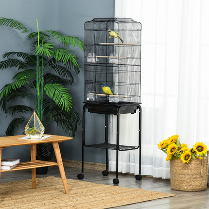 Bird Cage with Stand, Wheels, Slide-Out Tray & Storage Shelf for Budgie, Finch, Canary, Parakeet - Black 36x46.5x157 cm
