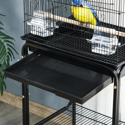 Bird Cage with Stand, Wheels, Slide-Out Tray & Storage Shelf for Budgie, Finch, Canary, Parakeet - Black 36x46.5x157 cm