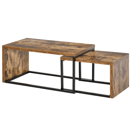 Set of 2 Industrial Coffee & Side Tables with Metal Frame - Black & Brown