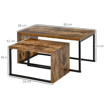 Set of 2 Industrial Coffee & Side Tables with Metal Frame - Black & Brown