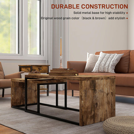 Set of 2 Industrial Coffee & Side Tables with Metal Frame - Black & Brown