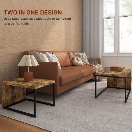 Set of 2 Industrial Coffee & Side Tables with Metal Frame - Black & Brown