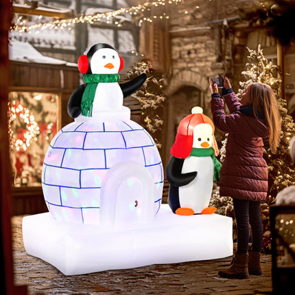 1.5m Christmas Inflatable Two Penguins with Scarf and Ice House LED Decoration for Home and Garden - Multi-color