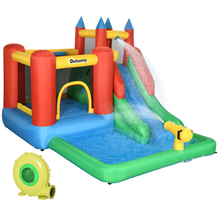 Kids 6-in-1 Inflatable Bouncy Castle with Water Slide, Pool, Climbing Wall & Basketball Hoop - Blue, Yellow, Red, Green