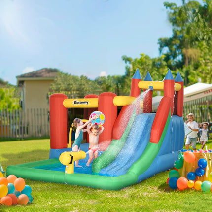 Kids 6-in-1 Inflatable Bouncy Castle with Water Slide, Pool, Climbing Wall & Basketball Hoop - Blue, Yellow, Red, Green