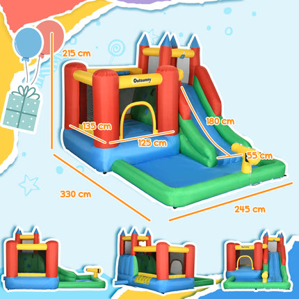 Kids 6-in-1 Inflatable Bouncy Castle with Water Slide, Pool, Climbing Wall & Basketball Hoop - Blue, Yellow, Red, Green
