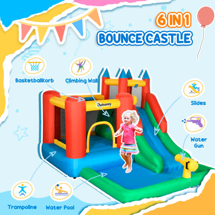 Kids 6-in-1 Inflatable Bouncy Castle with Water Slide, Pool, Climbing Wall & Basketball Hoop - Blue, Yellow, Red, Green
