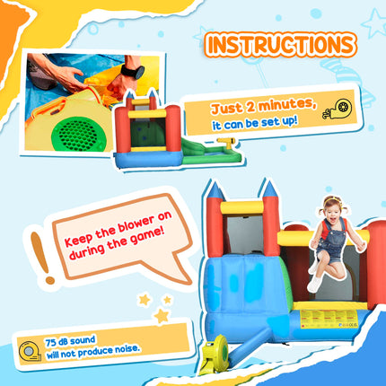 Kids 6-in-1 Inflatable Bouncy Castle with Water Slide, Pool, Climbing Wall & Basketball Hoop - Blue, Yellow, Red, Green