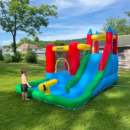 Kids 6-in-1 Inflatable Bouncy Castle with Water Slide, Pool, Climbing Wall & Basketball Hoop - Blue, Yellow, Red, Green