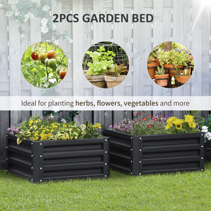 Set of 2 Raised Garden Beds Galvanised Steel Planters - Grey