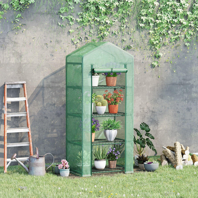 4 Tier Portable Mini Greenhouse with Steel Frame and PE Cover - Green