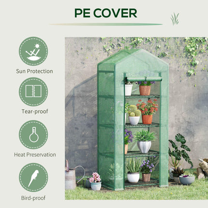 4 Tier Portable Mini Greenhouse with Steel Frame and PE Cover - Green