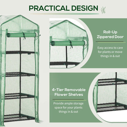 4 Tier Portable Mini Greenhouse with Steel Frame and PE Cover - Green