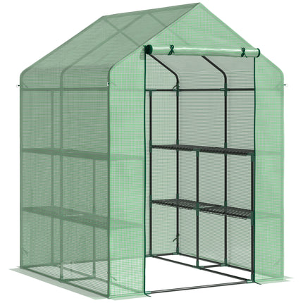 Lean to Polytunnel Greenhouse with Shelves and Removable Cover 143x138x190cm - Green